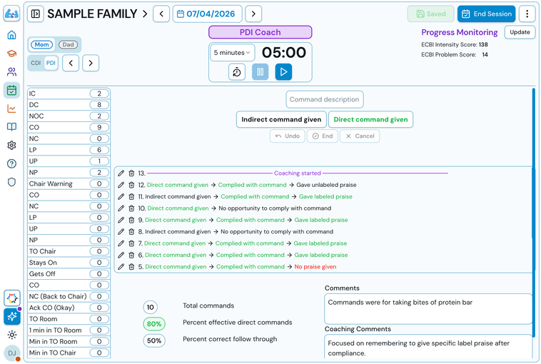 Guided PDI time-out coding sequence on a tablet during a live session